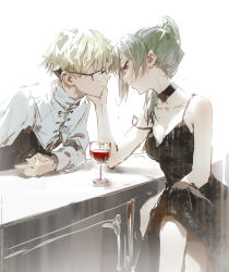 Rule 34 | 1boy, 1girl, alternate costume, bar (place), black-framed eyewear, black choker, black dress, blonde hair, choker, commentary, crossed legs, cup, dino (dinoartforame), dress, drinking glass, earrings, from side, glasses, green hair, half-closed eyes, hand on another&#039;s cheek, hand on another&#039;s face, highres, jewelry, land (sousou no frieren), leaning forward, looking at another, painterly, profile, short hair, side ponytail, sitting, sousou no frieren, strap slip, stud earrings, symbol-only commentary, ubel (sousou no frieren), upper body, white background, wine glass