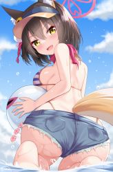 Rule 34 | 1girl, :d, animal ears, ass, ball, bare shoulders, beach, beachball, bikini, bikini under clothes, blue archive, blush, breasts, brown hair, day, fang, fox ears, fox girl, fox tail, from behind, happy, hayana neru, highres, hip focus, holding, holding ball, holding beachball, in water, izuna (blue archive), izuna (swimsuit) (blue archive), kneeling, looking at viewer, looking back, medium breasts, medium hair, open mouth, outdoors, partially submerged, short shorts, shorts, sideboob, smile, solo, splashing, striped bikini, striped clothes, swimsuit, tail, torn clothes, torn shorts, underboob, water drop, wet, yellow eyes
