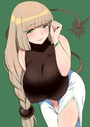 Rule 34 | 1girl, bare shoulders, blush, bombergirl, breasts, brown hair, dress, green eyes, highres, huge breasts, komusou (jinrikisha), large breasts, long hair, looking at viewer, ribbed sweater, sepia belmont, simple background, smile, solo, sweater, very long hair