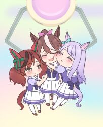 Rule 34 | 3girls, :d, animal ears, blue ribbon, blurry, blurry background, blush, bow, brown eyes, brown footwear, brown hair, cheek-to-cheek, closed eyes, closed mouth, clothing cutout, commentary request, crane game, depth of field, ear bow, ear ribbon, green bow, hair between eyes, hair ribbon, heads together, highres, horse ears, horse girl, horse tail, long hair, mejiro mcqueen (umamusume), multicolored hair, multiple girls, nekoyanagi reo, nice nature (umamusume), open mouth, pantyhose, pink ribbon, pleated skirt, ponytail, purple bow, purple hair, purple shirt, ribbon, shirt, shoes, skirt, smile, streaked hair, tail, tail through clothes, tokai teio (umamusume), twintails, umamusume, very long hair, white hair, white pantyhose, white skirt