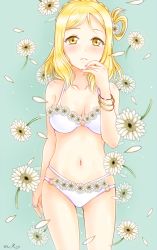 Rule 34 | 1girl, :o, arm up, ass, bad id, bad pixiv id, bikini, blonde hair, blue background, blush, bra, bracelet, braid, breasts, cleavage, collarbone, crown braid, daisy, floral print, flower, hair rings, hand on own chin, hiro9779, jewelry, looking at viewer, love live!, love live! sunshine!!, medium breasts, medium hair, navel, o-ring, o-ring bikini, o-ring bottom, o-ring panties, ohara mari, open mouth, panties, petals, simple background, solo, swimsuit, underwear, underwear only, white bikini, white bra, white flower, white panties, yellow eyes