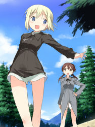 Rule 34 | 2girls, asoka, blonde hair, blue eyes, blush, brown eyes, brown hair, cloud, day, erica hartmann, gertrud barkhorn, hair ribbon, hand on own hip, military, military uniform, multiple girls, open mouth, ribbon, sky, strike witches, tree, twintails, uniform, world witches series