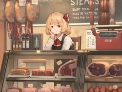 Rule 34 | 1girl, bad id, bad pixiv id, black vest, blonde hair, bottle, calendar (object), commentary request, food, hair ribbon, hand on own chin, knife, looking at viewer, meat, mikado (winters), red eyes, red neckwear, red ribbon, ribbon, rumia, sausage, shirt, short hair, smile, solo, touhou, vest, weighing scale, white shirt