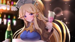 Rule 34 | 1girl, alcohol, blonde hair, blush, bottle, bow, breasts, collared shirt, cup, drinking glass, earrings, elf, hat, jewelry, large breasts, long hair, looking at viewer, mamiyahara hitoshige, parted bangs, pointy ears, ponytail, princess connect!, purple eyes, shirt, smile, solo, wine, wine bottle, wine glass, yukari (princess connect!)