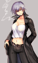Rule 34 | 1girl, belt, black coat, black pants, breasts, cigarette, cleavage, coat, collarbone, earrings, fate/zero, fate (series), grey background, gun, hand in pocket, head tilt, holding, holding gun, holding weapon, jewelry, large breasts, looking at viewer, midriff, natalia kaminski, navel, open clothes, open coat, pants, parted lips, purple eyes, shida (xwheel), shirt, short hair, silver hair, simple background, smile, smoke trail, smoking, solo, standing, stomach, tank top, thigh gap, weapon, white shirt