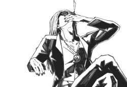 Rule 34 | 1boy, black coat, black jacket, black nails, blonde hair, cigarette, coat, fate/grand order, fate (series), hand on table, jacket, jewelry, long hair, looking up, male focus, medallion, monochrome, necklace, open clothes, open jacket, orange-tinted eyewear, sei 8220, sitting, smoking, solo, sunglasses, tezcatlipoca (fate), tinted eyewear