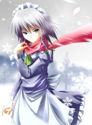 Rule 34 | 1girl, blue eyes, braid, female focus, gradient background, izayoi sakuya, maid, nature, outdoors, perfect cherry blossom, plant, ribbon, scarf, silver hair, sky, snow, solo, touhou, zb (dawn-blue)