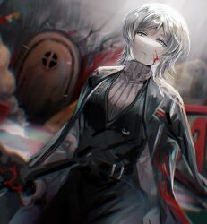 Rule 34 | 1girl, black coat, black vest, blood, blood on face, blurry, blurry background, brown sweater, coat, coat on shoulders, commentary, door, faust (project moon), highres, holding, holding sword, holding weapon, limbus company, long sleeves, na-gyou (nunumaru), project moon, ribbed sweater, solo, sweater, sword, symbol-only commentary, turtleneck, turtleneck sweater, vest, weapon, white hair