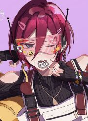 Rule 34 | 1boy, alternate costume, black sweater, blue eyes, candy, ensemble stars!, food, goggles, hairpin, head rest, highres, holding, holding candy, holding food, holding lollipop, lollipop, male focus, multiple hairpins, one eye closed, purple background, rabi (r b 0215), red hair, saegusa ibara, short hair, solo, suspenders, sweater, turtleneck, turtleneck sweater