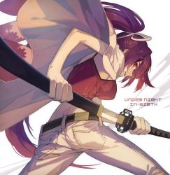 Rule 34 | 1girl, bad id, bad twitter id, butt crack, drawing sword, duplicate, hair ribbon, holding, holding sword, holding weapon, katana, long hair, looking back, midriff, pants, ponytail, red eyes, red hair, ribbon, robe, sheath, solo, suzunashi, sword, tank top, under night in-birth, unsheathing, very long hair, weapon, white background, white pants, yuzuriha (under night in-birth)