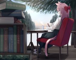Rule 34 | 1girl, absurdres, akinakesu-chan, animal ears, black pantyhose, black skirt, blue eyes, blurry, blurry background, blurry foreground, blush, book, book stack, bookshelf, bow, brown hair, cat ears, cat girl, cat tail, closed mouth, commentary request, cup, day, depth of field, hair bow, highres, holding, holding cup, long skirt, long sleeves, looking away, mug, original, outdoors, pantyhose, ponytail, profile, red bow, romaji text, shirt, sitting, skirt, slippers, smile, snow, solo, steam, suspender skirt, suspenders, tail, tree, veranda, white footwear, white shirt, wooden floor