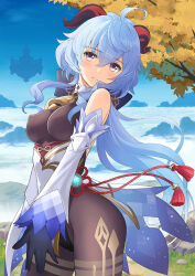 Rule 34 | 1girl, ahoge, bare shoulders, black bodysuit, black gloves, black leotard, black pantyhose, blue hair, blue sky, bodysuit, bodysuit under clothes, breasts, covered erect nipples, cowboy shot, detached collar, detached sleeves, floating hair, floating island, flower knot, from side, ganyu (genshin impact), genshin impact, gloves, goat horns, gradient eyes, grass, hair between eyes, horizon, horns, landscape, leotard, leotard under clothes, long hair, looking at viewer, medium breasts, multicolored eyes, outdoors, own hands together, palms together, pantyhose, parted lips, pelvic curtain, ponytail, purple eyes, rock, sidelocks, sky, smile, solo, tassel, thighs, tony taka, tree, very long hair, vision (genshin impact), water, white sleeves, wide sleeves