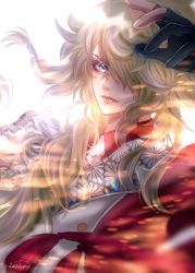 Rule 34 | 1boy, absurdres, androgynous, blonde hair, blue eyes, closed mouth, fingerless gloves, gloves, hair over one eye, highres, ichimonji norimune, long hair, looking at viewer, male focus, one eye covered, solo, touken ranbu, wavy hair, white background, zasikirou