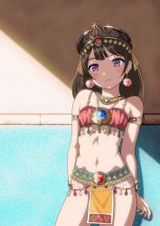 Rule 34 | 1girl, akiyama (yehonatan), arabian clothes, armlet, bare shoulders, black headwear, blush, body chain, bracelet, bracer, breasts, brown hair, cleavage, earrings, hair ornament, harem outfit, harem pants, head chain, highres, jewelry, long hair, looking at viewer, medium hair, navel, necklace, original, pants, pendant, purple eyes, revealing clothes, small breasts, solo, stomach