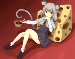 Rule 34 | 1girl, animal ears, basket, cheese, cupping glass, female focus, food, full body, gradient background, grey hair, highres, jewelry, mouse (animal), mouse ears, mouse tail, nazrin, pendant, red eyes, shiro tsugumi, shirotsugumi, short hair, solo, tail, touhou
