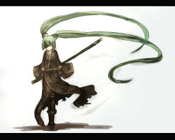 Rule 34 | 1girl, alternate costume, bad id, bad pixiv id, bandages, eyepatch, ganesagi, green eyes, green hair, hatsune miku, highres, japanese clothes, katana, letterboxed, long hair, matching hair/eyes, samurai, sheath, sheathed, solo, sword, twintails, very long hair, vocaloid, weapon