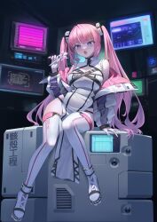 Rule 34 | 1girl, absurdres, china dress, chinese clothes, commentary request, dress, full body, hand up, highres, holding, indoors, jacket, jacket partially removed, long hair, long sleeves, looking at viewer, monitor, multiple monitors, open mouth, original, pink hair, purple eyes, science fiction, sitting, sleeveless, solo, thighhighs, twintails, white dress, white footwear, white jacket, white thighhighs, xzu