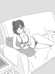 Rule 34 | 1girl, bad drawr id, bad id, barefoot, bikini, breasts, character request, cleavage, closed mouth, copyright request, couch, francine (daijaemon), greyscale, lace, large breasts, looking at viewer, lying, monochrome, navel, oekaki, on side, pillow, side ponytail, smile, solo, swimsuit, table