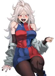 Rule 34 | 1girl, alternate hair color, android 21, bare shoulders, black pantyhose, black sleeves, blue dress, breasts, checkered clothes, checkered dress, coat, detached sleeves, dragon ball, dragon ball fighterz, dress, earrings, fangs, highres, jewelry, lab coat, large breasts, long hair, muscular, muscular female, nail polish, off shoulder, open mouth, pantyhose, red dress, red eyes, ring, simple background, sleeveless, sleeveless dress, solo, teeth, tongue, two-tone dress, white background, white coat, white hair, zequung