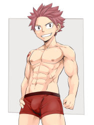Rule 34 | 1boy, abs, bulge, crotch, fairy tail, groin, looking at viewer, male focus, muscular, natsu dragneel, nipples, pectorals, pink hair, scar, topless male, simple background, smile, solo, teeth, torakichi (ebitendon), underwear