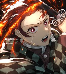 Rule 34 | 1boy, anasa3, black hair, black jacket, bright pupils, checkered haori, earrings, fire, flaming sword, flaming weapon, gradient hair, haori, highres, holding, holding sword, holding weapon, jacket, japanese clothes, jewelry, kamado tanjirou, katana, kimetsu no yaiba, long sleeves, lower teeth only, male focus, multicolored hair, official style, parted lips, red eyes, red hair, scar, scar on face, scar on forehead, solo, spiked hair, sweatdrop, sword, teeth, tongue, twitter username, upper body, upper teeth only, weapon, white pupils