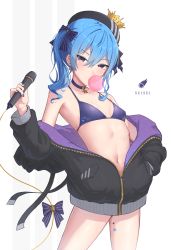 Rule 34 | 1girl, absurdres, beret, bikini, black jacket, blowing bubbles, blue bikini, blue bow, blue choker, blue hair, bow, breasts, chewing gum, choker, cowboy shot, crown, earrings, grey hat, hair between eyes, hair bow, hand in pocket, hat, highres, holding, holding microphone, hololive, hoshimachi suisei, jacket, jewelry, logo, long sleeves, looking at viewer, medium hair, microphone, purple jacket, simple background, small breasts, solo, star (symbol), star earrings, star in eye, star sticker, swimsuit, symbol in eye, two-sided fabric, two-sided jacket, virtual youtuber, white background