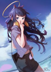 Rule 34 | 1girl, blue eyes, blue sky, blunt bangs, cloud, halo, highres, hololive, hololive english, long hair, ninomae ina&#039;nis, pointy ears, shorts, sky, solo, takomonty, tentacle hair, v, virtual youtuber