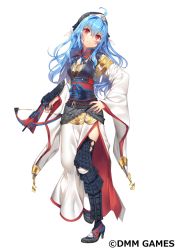 Rule 34 | 1girl, ahoge, black legwear, blue hair, bow (weapon), crossbow, dmm, frown, full body, hand on own hip, hat, high heels, holding, holding weapon, looking at viewer, official art, oshiro project:re, red eyes, solo, standing, weapon, white background, yappen