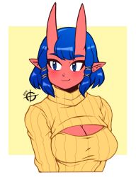 Rule 34 | 1girl, blue eyes, blue hair, blush, breasts, cinna (taggo), cleavage, cleavage cutout, closed mouth, clothing cutout, colored skin, eyebrows, highres, horns, large breasts, looking away, oni, oni horns, original, pointy ears, red skin, smile, solo, sweater, taggo, upper body, yellow sweater