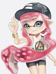 Rule 34 | 1girl, absurdres, baseball cap, bike shorts, black hat, commentary request, gold bracelet, grey eyes, hand on headwear, hat, highres, inkling, inkling girl, inkling player character, long hair, looking at viewer, negi kobito, nintendo, pointy ears, print headwear, print shirt, red hair, shirt, simple background, sleeveless, sleeveless shirt, smile, solo, splatoon (series), teeth, tentacle hair, thick eyebrows, white background, white shirt