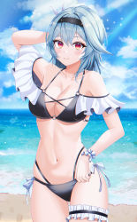 Rule 34 | 1girl, arm up, bare shoulders, bikini, black bikini, black hairband, blue hair, blush, breasts, cleavage, closed mouth, collarbone, eula (genshin impact), genshin impact, hair ornament, hairband, highres, large breasts, looking at viewer, navel, nersiyan, o-ring, o-ring bikini, ocean, off-shoulder bikini, off shoulder, outdoors, red eyes, short hair, smile, solo, swimsuit, thigh strap