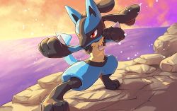 Rule 34 | closed mouth, commentary request, creatures (company), furry, game freak, gen 4 pokemon, legs apart, looking to the side, lucario, nintendo, outdoors, peron (niki2ki884), pokemon, pokemon (creature), red eyes, signature, solo, spikes, standing, twilight, yellow fur