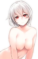 Rule 34 | 1girl, akira (otokuyou), bad id, bad pixiv id, breasts, closed mouth, expressionless, hair between eyes, highres, leaning forward, looking at viewer, medium breasts, navel, nipples, nude, original, otokuyou, red eyes, sagging breasts, short hair, simple background, solo, upper body, white hair