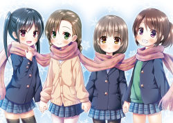 Rule 34 | 4girls, :d, black hair, black legwear, blush, braid, brown eyes, brown hair, character request, child, commentary request, copyright request, green eyes, grin, holding hands, jacket, long hair, looking at viewer, multiple girls, open mouth, pantyhose, pink scarf, plaid, plaid scarf, pleated skirt, ponytail, purple eyes, scarf, shared clothes, shared scarf, skirt, smile, snowflake background, thighhighs, twin braids, twintails, yukino minato