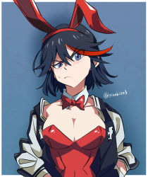 Rule 34 | 1girl, animal ears, blue eyes, blush, bow, bowtie, breasts, cleavage, fake animal ears, frown, jacket, kill la kill, large breasts, leotard, matoi ryuuko, multicolored hair, nirak, playboy bunny, rabbit ears, red bow, red bowtie, simple background, solo, streaked hair, two-tone hair