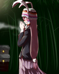 Rule 34 | 1girl, animal ears, beanie, blush, cowboy shot, ears through headwear, female focus, from side, hat, long hair, madara hato, open mouth, outdoors, own hands together, purple hair, reisen udongein inaba, solo, touhou, very long hair