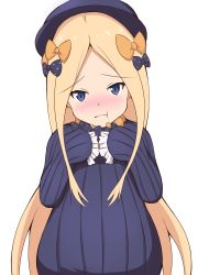 Rule 34 | 1girl, :t, abigail williams (fate), absurdres, black bow, black dress, black hat, blonde hair, blue eyes, blush, bow, closed mouth, commentary request, dress, fate/grand order, fate (series), forehead, hair bow, hands up, hat, head tilt, highres, long hair, long sleeves, looking at viewer, mitiru ccc2, nose blush, orange bow, parted bangs, polka dot, polka dot bow, pout, simple background, sleeves past fingers, sleeves past wrists, solo, very long hair, white background