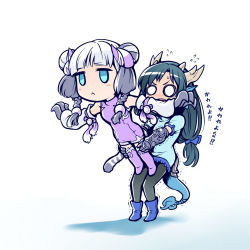 Rule 34 | 2girls, :&lt;, black hair, blue eyes, blush, blush stickers, boots, braid, chibi, china dress, chinese clothes, claw (weapon), double bun, dragon girl, dragon horns, dragon tail, dress, fins, flying sweatdrops, gauntlets, gymnastics, hair bun, haku (p&amp;d), head fins, highres, holding, horns, ishiyumi, jitome, karin (p&amp;d), knee boots, long hair, multicolored hair, multiple girls, o o, open mouth, pantyhose, puzzle &amp; dragons, sweat, tail, tiger tail, trembling, twin braids, two-tone hair, weapon, white hair