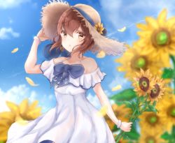 Rule 34 | 1girl, :o, anchor, anchor symbol, bad id, bad pixiv id, blue bow, blush, bow, bracelet, brown eyes, brown hair, cloud, day, dress, flower, hair between eyes, hat, hat flower, headgear, highres, holding, holding flower, jewelry, kantai collection, outdoors, petals, sa-ya2, short hair, sky, solo, straw hat, sundress, sunflower, white dress, yellow flower, yukikaze (kancolle)