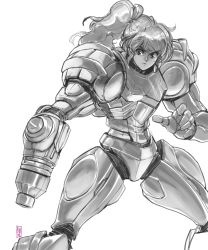Rule 34 | 1girl, absurdres, arm cannon, armor, commentary, cowboy shot, david liu, english commentary, faux traditional media, greyscale, highres, long hair, marker (medium), metroid, monochrome, narrow waist, nintendo, no headwear, ponytail, power armor, power suit, samus aran, solo, traditional media, varia suit, weapon, white background