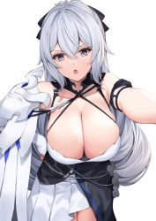 Rule 34 | 1girl, breasts, bronya zaychik, bronya zaychik (silverwing: n-ex), cleavage, collarbone, commentary request, grey eyes, grey hair, hand on own hip, highres, honkai (series), honkai impact 3rd, large breasts, long hair, looking at viewer, open mouth, pak ce, simple background, solo, white background