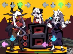 3girls absurdres baphomet baphomet_(grizz) baphomet_(niking) breasts dress earrings friday_night_funkin&#039; furry furry_female hand_on_own_hip helltaker highres hillmyna hoop_earrings hooves jewelry large_breasts long_hair multiple_girls original purple_dress toriel undertale very_long_hair white_hair