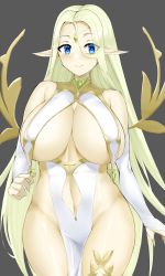 Rule 34 | 1girl, absurdres, blonde hair, blue eyes, breasts, cerestia of life, cleavage, elf, goma., highres, large breasts, last origin, loincloth, long hair, pointy ears, smile, solo, thighs
