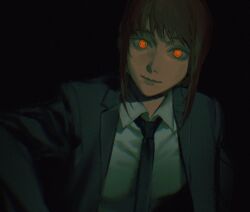 Rule 34 | 1girl, black background, black jacket, black necktie, black suit, chainsaw man, chromatic aberration, closed mouth, collared shirt, commentary, english commentary, formal, glowing, glowing eyes, hair between eyes, highres, jacket, keibleh, light smile, looking at viewer, makima (chainsaw man), necktie, open clothes, open jacket, red eyes, red hair, revision, ringed eyes, shirt, sidelocks, solo, suit, upper body, white shirt