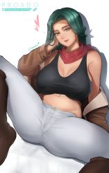 Rule 34 | 1girl, absurdres, artist name, black tank top, boots, breasts, brown footwear, creatures (company), emmie (pokemon ecchi), game freak, green hair, heart, highres, large breasts, lips, long hair, looking at viewer, mature female, midriff, navel, nintendo, off shoulder, original, pants, parted lips, pokemon, pokemon ecchi, proado, red scarf, scarf, shadow, sitting, solo, spread legs, tank top, taut clothes, twitter username, white background, white pants, yellow eyes