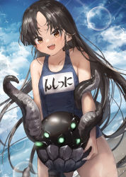 Rule 34 | 1girl, abyssal ship, bare arms, bare legs, bare shoulders, beach, black hair, black one-piece swimsuit, blush, brown eyes, collarbone, cowboy shot, day, enemy naval mine (kancolle), kantai collection, long hair, name tag, nisshin (kancolle), ocean, one-piece swimsuit, open mouth, school swimsuit, short eyebrows, smile, swimsuit, toka (marchlizard), very long hair