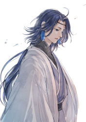 Rule 34 | 1boy, absurdres, blue hair, earrings, highres, jewelry, lanxi zhen, laojun (the legend of luoxiaohei), long hair, micho, parted lips, profile, robe, simple background, solo, luo xiaohei zhanji, white background