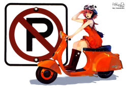 Rule 34 | 1girl, boots, dress, hokoodo, hoppang, looking at viewer, motor vehicle, original, red eyes, red hair, salute, scooter, simple background, solo, sundress, vehicle, vespa