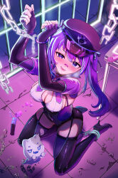 Rule 34 | 1girl, bandaid, bandaid on face, bandaid on nose, blue eyes, blue hair, blush, boots, breasts, cleavage, cuffs, elbow gloves, fingerless gloves, gloves, handcuffs, hat, highres, large breasts, leotard, looking at viewer, melody (projektmelody), melody (projektmelody) (lewd cadet), multicolored hair, nail polish, open mouth, police hat, purple footwear, purple gloves, purple hair, purple hat, purple nails, purple thighhighs, streaked hair, taki tohko, thigh boots, thighhighs, twintails, virtual youtuber, vshojo, white leotard