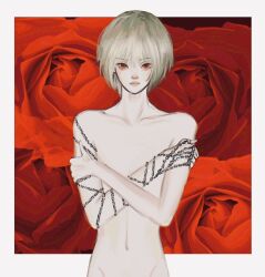 Rule 34 | 1other, androgynous, bare shoulders, blonde hair, chain, collarbone, commentary, completely nude, floral background, highres, hunter x hunter, jewelry, kurapika, looking at viewer, navel, nen (hunter x hunter), nude, red eyes, regene ta, ring, short hair, solo, symbol-only commentary, thumb ring, upper body